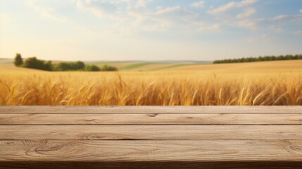 An empty wooden table in front of a wheat field