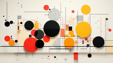 An abstract painting with black, orange, and white circles