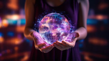 Fototapeta premium New technologies. Women's hands hold the globe with data exchange via connection technology. Global network connection, science, communication technologies.