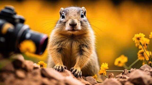  a small rodent standing on a rock with a camera in front of it and yellow flowers in the background.  generative ai