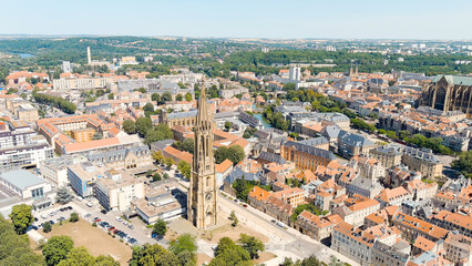 Fototapeta na wymiar Metz, France. Temple de La Garrison de Metz. View of the historical city center. Summer, Sunny day, Aerial View