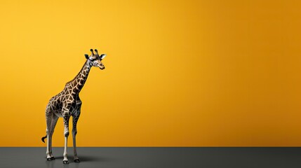  a giraffe standing in front of a yellow wall with its head turned to the side and it's head turned to the side.  generative ai