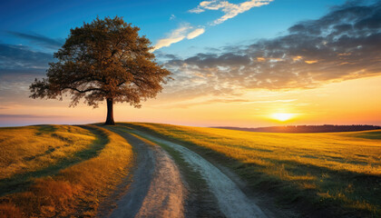 A winding dirt road at sunrise in a rural area with one large tree on the side of the road. - Powered by Adobe