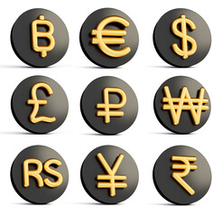 3d Set Of Nine Golden Currency Symbols With Rounded Back Icons On White Background, 3d Illustration