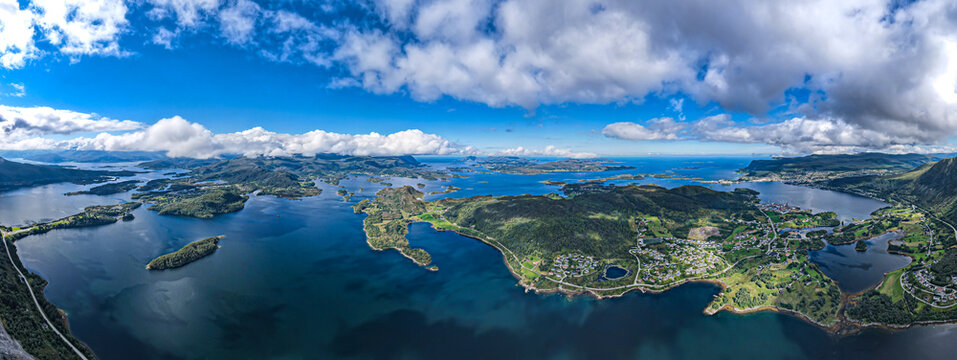 Aerial panoramic view of Islands attached by bridges in the Fjords of Norway - Stokksund-Blikkv&aring;gane - Runde - Rem&oslash;ya - Leinoya