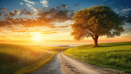 Fototapeta premium A winding dirt road at sunrise in a rural area with one large tree on the side of the road.