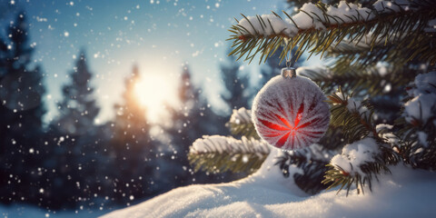 Red Christmas Ball hanging on in snowy Christmas tree branches on winter nature background. Beautiful Background for Christmas and New Year Greeting card, postcard, banner design, copy space