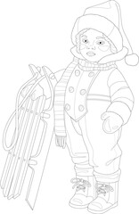 Cartoon boy in hat and scarf with sleigh graphic sketch template. Christmas winter vector illustration in black and white for games. Children's story book, fairytaile, coloring paper, page, print