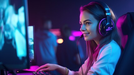 Professional gamer girl plays video games on RGB pc. - obrazy, fototapety, plakaty