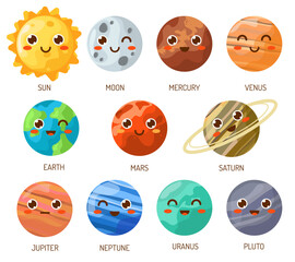 set of kawaii space icons. planets cartoon style. isolated on white background. vector illustration.