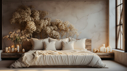 Wabi sabi natural style interior, beige colour interior design. calm style interior design. 
