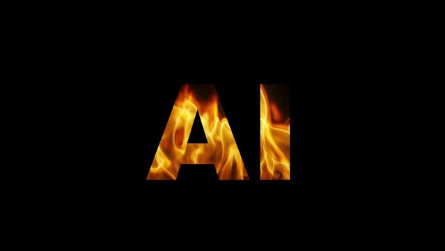 The word AI burns with fire on a black background and on a white background. Flaming letters. Seamless flame animation