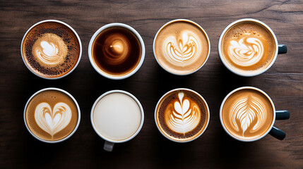 Multiple cups of coffee with variety of coffee drinks overhead view.