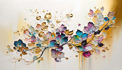 Luxury interior wall art. Spring cherry blossom, colorful and gold bloom - obrazy, fototapety, plakaty