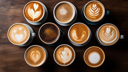 Multiple cups of coffee with variety of coffee drinks overhead view.