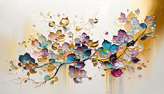 Luxury interior wall art. Spring cherry blossom, colorful and gold bloom