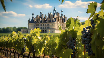 A vineyard, with the majestic Château de Chambord as the background, during the grape harvest