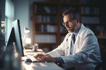 Focused Doctor Working on Computer in Office Environment