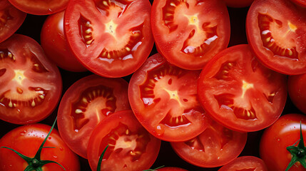 Sliced red tomatoes filling the entire frame, food background. - obrazy, fototapety, plakaty