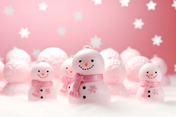 many pink snowmen Christmas festive background copy space greeting card