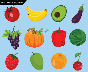 Set of colorful fruit icons, tomato, banana, avocado, eggplant, grapes, pumpkin, bell pepper, watermelon, strawberry, mango, orange, cherry