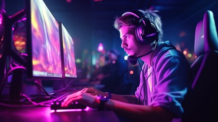 Fototapeta na wymiar Teenager wearing headphones and playing online video games.
