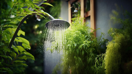 Water coming out of a shower head in an outdoor shower full of plants, frozen water movement. - obrazy, fototapety, plakaty