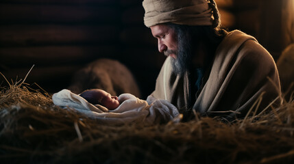 A shepherd kneels in front of the manger and admires the newborn Jesus. Nativity of Jesus. Christmas concept. - obrazy, fototapety, plakaty