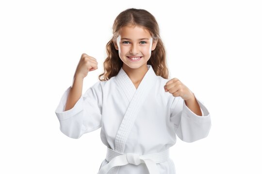Young Girl Demonstrating Strength in Karate Uniform