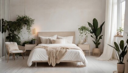 Fototapeta na wymiar relaxing minimalistic bedroom with green plants and white creams walls and decor 