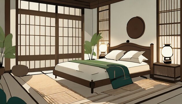 illustration of relaxing Japanese style bedroom interior with futon bed 
