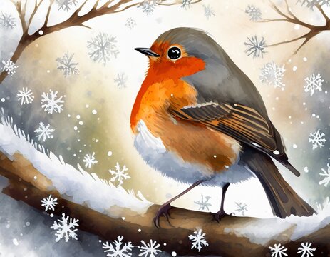 cute little robin a tree for Christmas with snowflakes winter 
