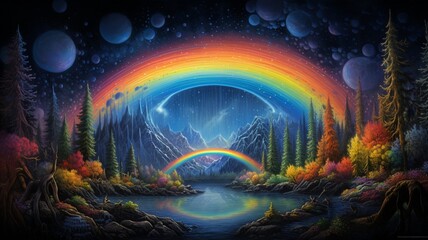 a vibrant rainbow arch across the night sky, painting a colorful spectrum in a breathtaking and symbolic display of diversity.