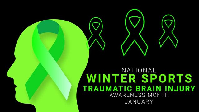 National Winter Sports Traumatic Brain Injury Awareness Month. Head With Ribbon. Black Color Background.

