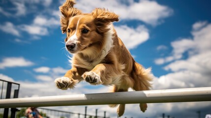 Dog agility equipment. Dog agility slalom, sports competitions of dogs. Dog agility training equipment. Happy dog runs and jumps on agility field