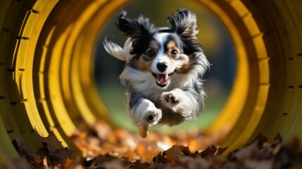 Dog agility tunnel. Dog agility slalom, sports competitions of dogs. Dog agility training equipment. Happy dog runs and jumps on agility field - obrazy, fototapety, plakaty