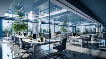 Modern coworking office interior with computers and plants. AI Generative