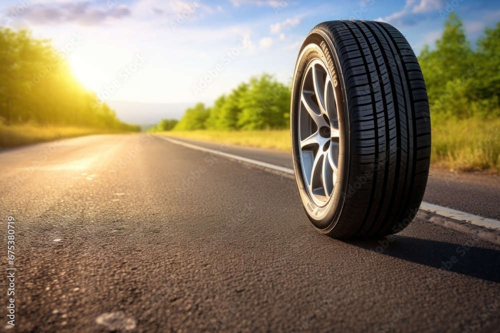 Wall mural summer tires on the asphalt road in the sun time for summer tires. generative ai.