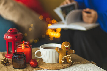 Christmas mood. Decorations for the New Year and Christmas. New Year cozy decor. The winter holidays. Christmas layout.