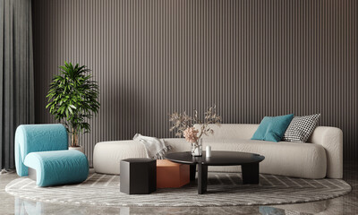 Modern interior of living room with grey sofa and cyan chairs on empty tile pattern wall background. 3d rendering.
