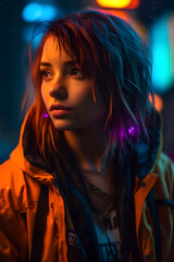 Photo of a cyberpunk girl in purple and orange lighting