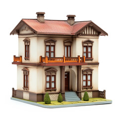 Two-story residential house model. Classic design. 3D model illustration.