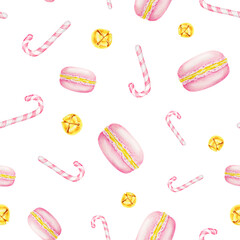 Pink New Year's candy canes, macarons and gold bells. Watercolor hand drawn seamless pattern with Christmas sweets. Winter symbols for holiday season prints, background, packing paper, textile, fabric