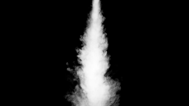 Abstract white smoke animation on a black background. Smoke, steam, explosion, fire, puff, steady vapors. Realistic smoke cloud from up and button with floating fog. Best for using in composition.