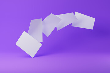 Flying white blank papers isolated over purple background. Mockup template. 3D rendering.