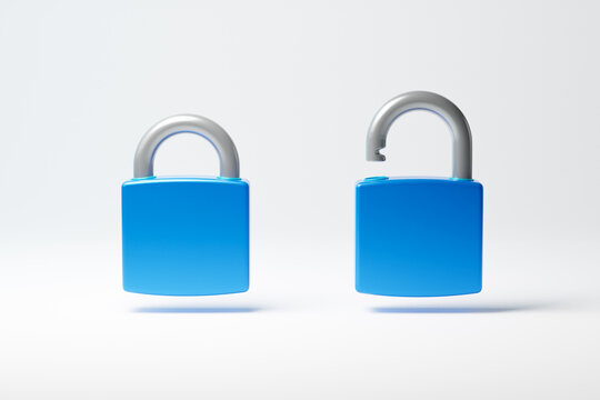 Blue locked and unlocked padlocks isolated over white background. Security concept. 3D rendering.