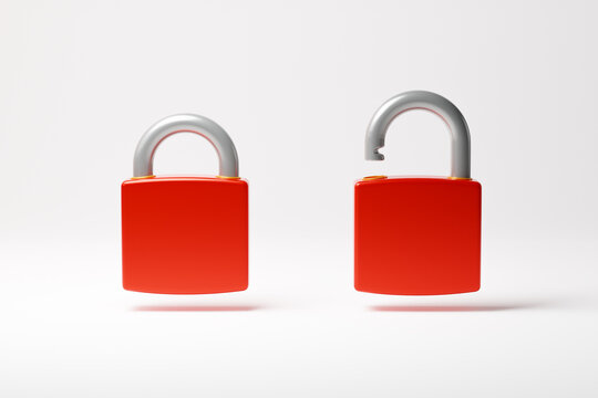 Red locked and unlocked padlocks isolated over white background. Security concept. 3D rendering.