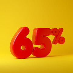 Red sixty five percent or 65 % isolated over yellow background. 3D rendering.