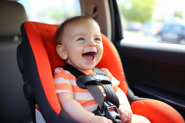 Joyful, smiling baby in a car seat enjoying a car ride