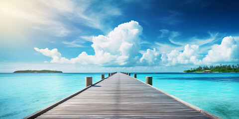 Wooden pier leading from an island into the ocean against a blue sky with white clouds. Concept for summer travel and vacation. - obrazy, fototapety, plakaty